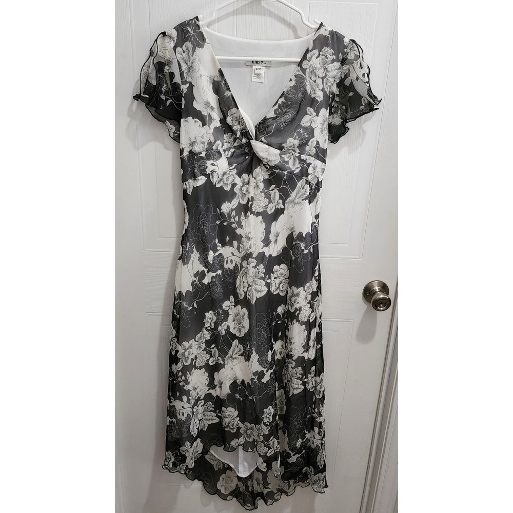 DBY‎ Women's Dress Slit Flutter Sleeves Asymmetrical Hem Size 9/10 Black White